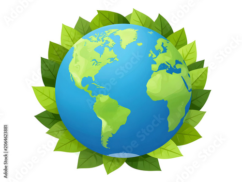 The Earth is surrounded by lush green leaves symbolizing nature.