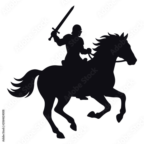 Fényképezés Silhouette of a knight on horseback holding a sword.