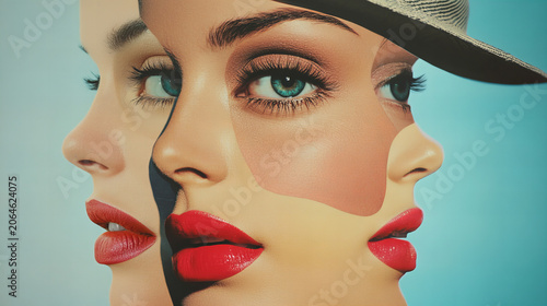 Creative pop art portrait with layered female faces, bold makeup and retro collage elements, blending vintage fashion aesthetics with contemporary abstract design.