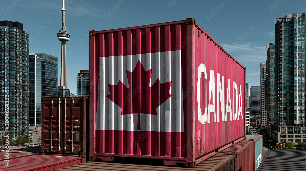 Obraz premium red shipping container painted with canada flag against city skyline representing international trade and cargo logistics