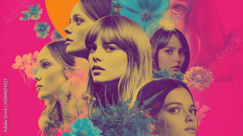 Creative pop art portrait with layered female faces, bold makeup and retro collage elements, blending vintage fashion aesthetics with contemporary abstract design.