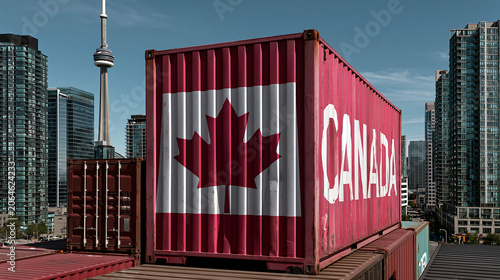 red shipping container painted with canada flag against city skyline representing international trade and cargo logistics
