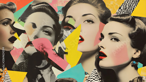 Creative pop art portrait with layered female faces, bold makeup and retro collage elements, blending vintage fashion aesthetics with contemporary abstract design.