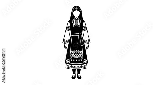 Fényképezés Traditional folk costume line art illustration of a woman.