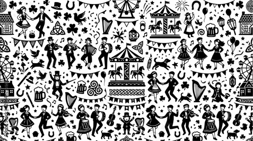 Quadro su tela Irish folklore and festival black and white pattern.