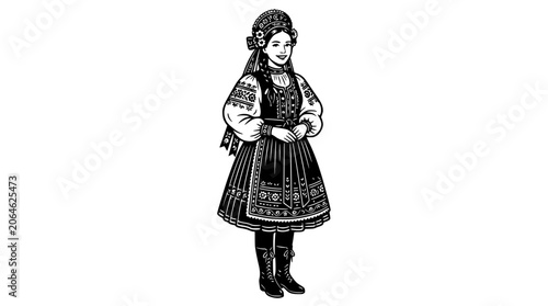 Fényképezés Woman in traditional European folk costume illustration.