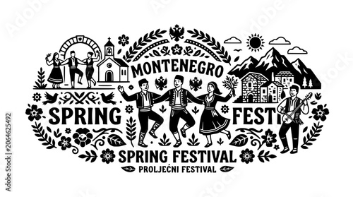 Fényképezés Montenegro Spring Festival graphic with folk dancers and mountains