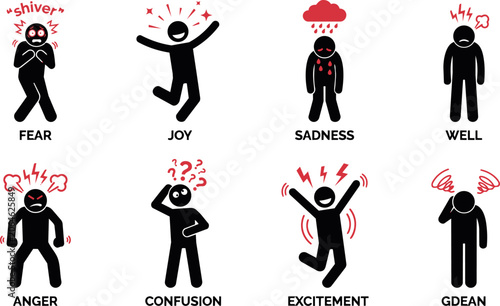 Set of human emotions and feelings icons stick figure pictograms representing fear, joy, sadness, wellbeing, anger, confusion, excitement, and dizziness vector illustration