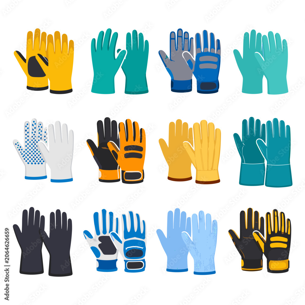 Fototapeta premium Collection of various colorful work gloves on white background