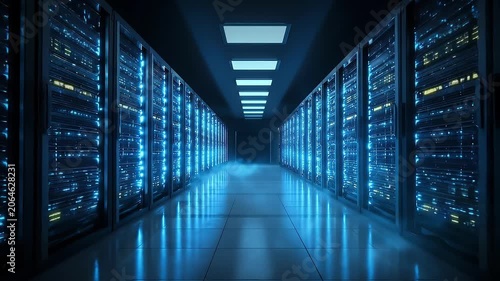 Blue-Lit Data Center Server Aisle with Rows of Racks