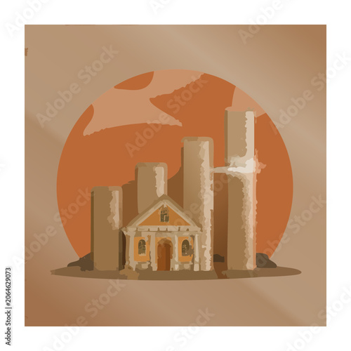 Flat design illustration of a church with towers at sunset