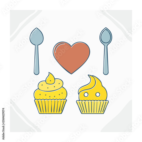 Flat design illustration of cupcakes, spoons, and heart