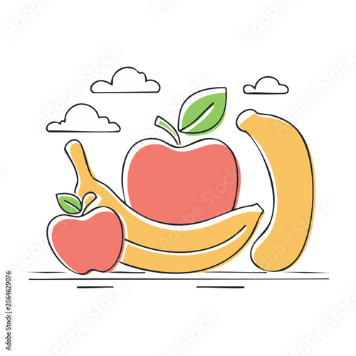 Flat Design Illustration of Apple and Banana