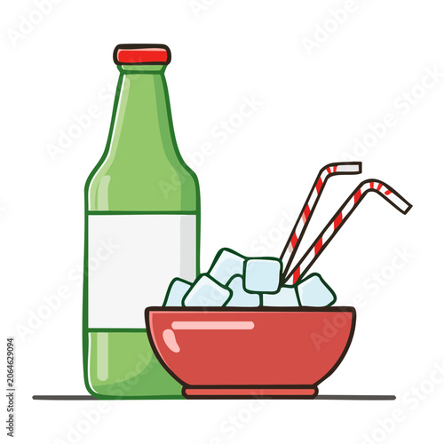 Flat design illustration of soda bottle and ice bowl with straws