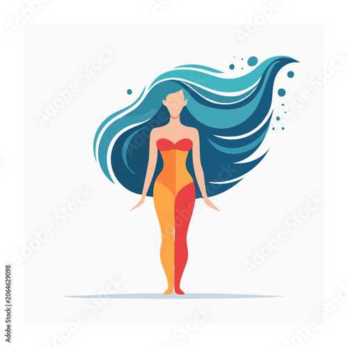 Flat design illustration of woman with flowing hair forming waves