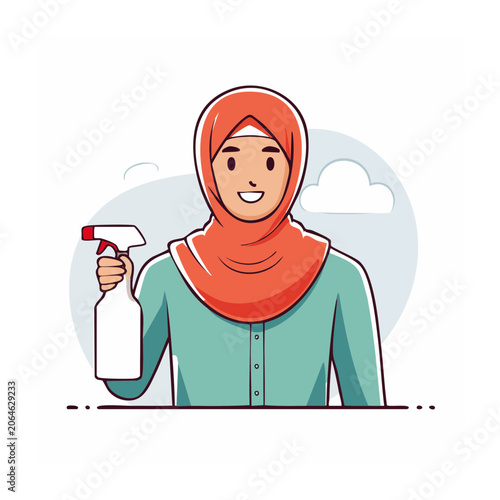 Woman in hijab holding spray bottle illustration