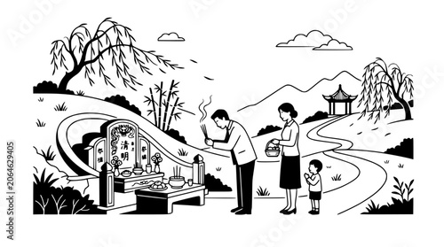 Canvas Print Qingming festival tomb sweeping ritual scene line art
