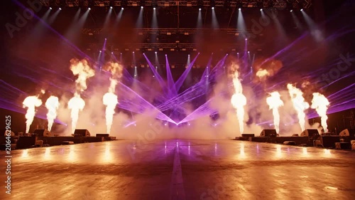 Concert stage with pyrotechnic flames, purple lasers, and smoke effects