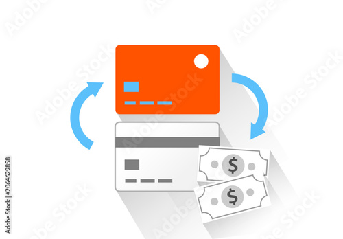 Illustration for banks, financial apps or articles about economics. Vector illustration of payment process, card to card transfer or cash withdrawal.