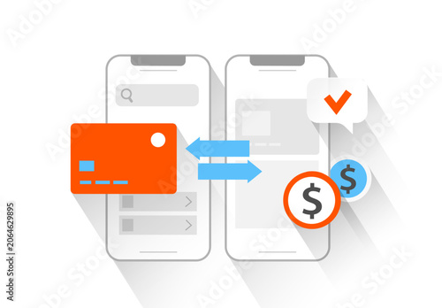 Vector illustration of mobile money transfer or online payment process. Fast money transfer in a few clicks.