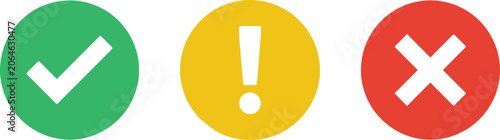 Green check mark yellow exclamation point and red cross sign icons