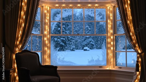 Cozy bay window with string lights overlooking snowy winter night