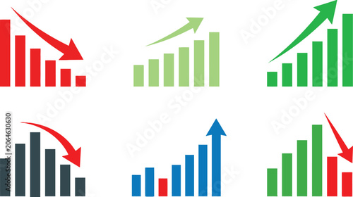 Cuadro en lienzo Set of business bar charts showing financial growth and decline with arrows