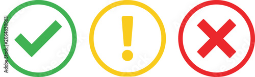 Set of check mark exclamation mark and cross mark icons in colorful circles