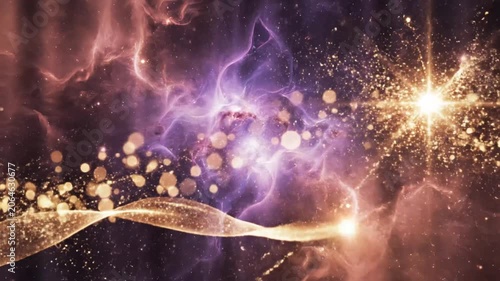 Cosmic energy streams converging in a vibrant purple nebula galaxy background