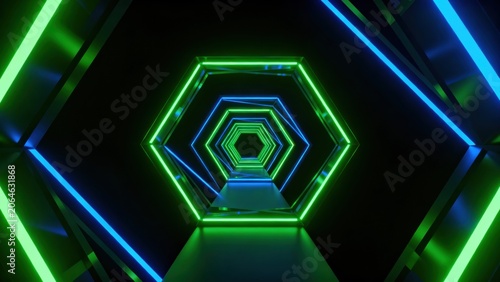 Neon hexagonal tunnel with glowing lights