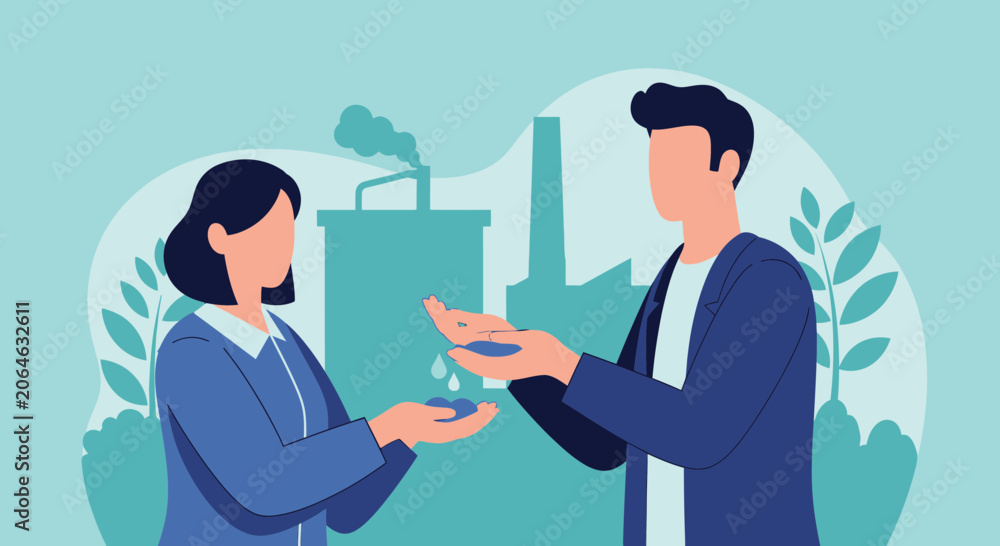 Obraz premium Industrial Pollution vs. Conservation: People Saving Water Drops