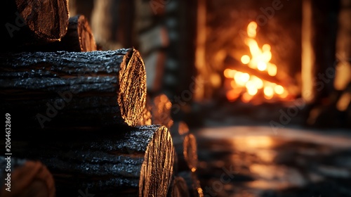 Close-up of stacked firewood logs near a warm, glowing fireplace.