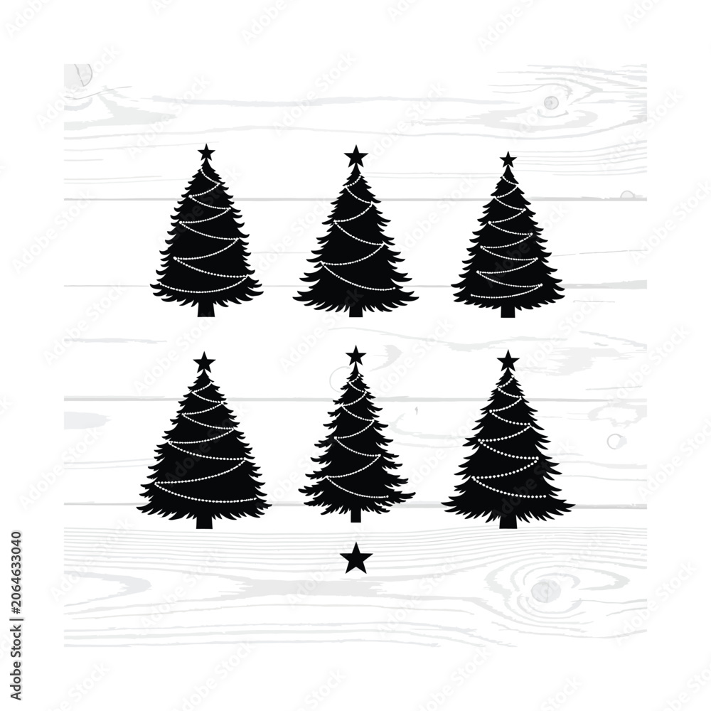 Obraz premium Set of six black silhouette Christmas trees with stars and string lights on a wooden background, perfect for holiday designs.