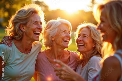 Group of happy senior women laughing together in the park at sunset
