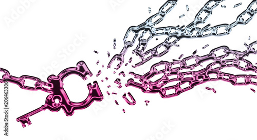 Photos A broken pink key shatters metal chains on a transparent background