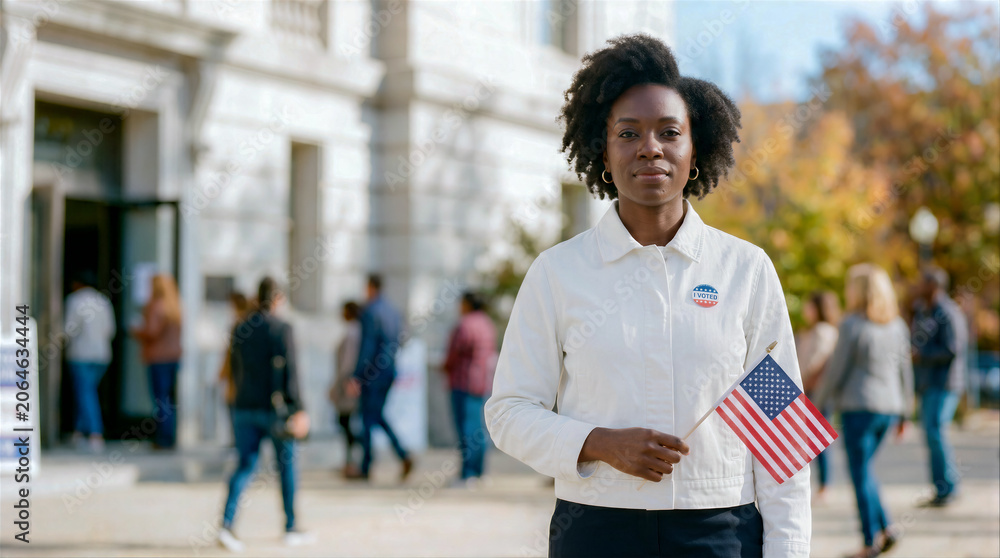 Obraz premium banner featuring a young African American woman with an - I vote, sign against a backdrop of a polling station, with copy space for text about the importance of voting