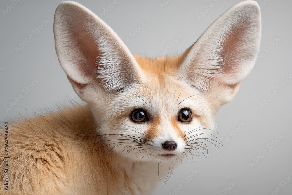 Obraz premium Close-up of a fennec fox with oversized ears against a white backdrop