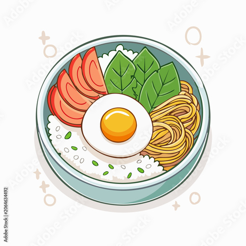 Cartoon Bowl of Food with Egg, Noodles, Rice, Tomatoes, and Greens