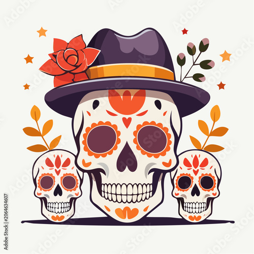 Day of the Dead Sugar Skulls with Hat and Flowers