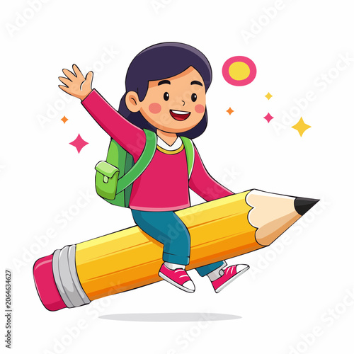 Girl Riding a Flying Pencil
