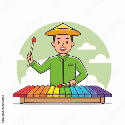 Man in Asian Hat Playing Rainbow Xylophone