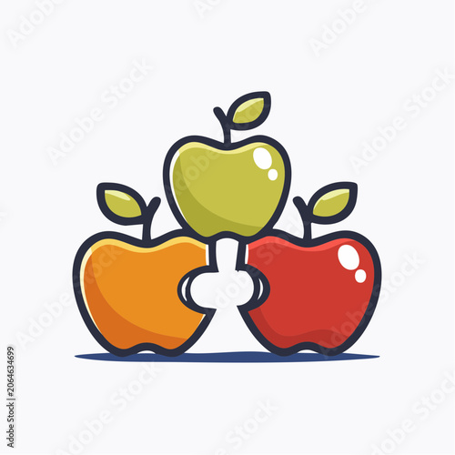 Three puzzle pieces shaped like apples, interconnected