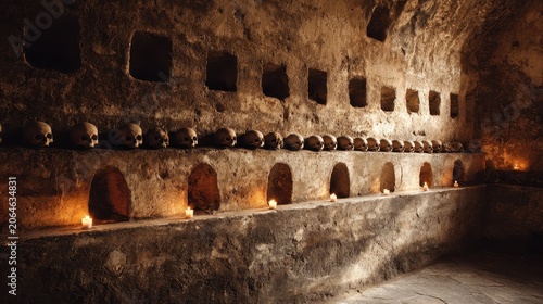 Moody photograph of a bone wall in a monastic ossuary with shadowed corridors
