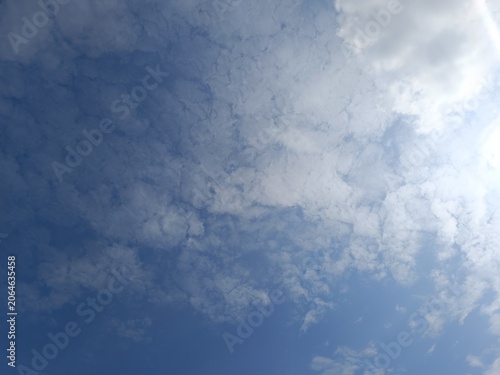Widespread patchy white clouds in a blue sky. Large dense cloud mass on the right. Natural daytime atmospheric background