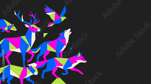 Geometric animals in bright colors, flat design vector illustration on dark background