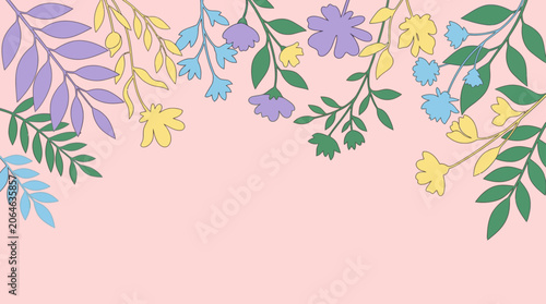 Pastel floral branches with leaves on a soft pink background, graphic element.