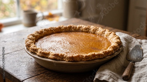 Delicious homemade pumpkin pie on table.