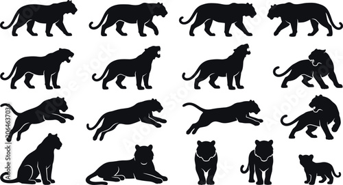 Photography Tiger Silhouette Icon Set featuring Wild Big Cats in Various Poses like Roaring