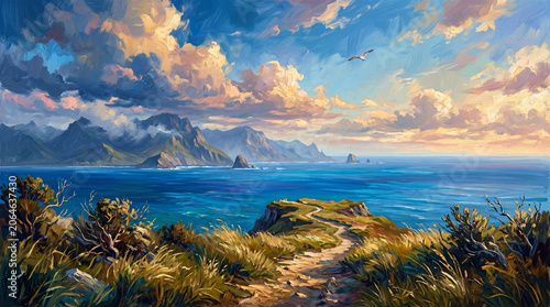 A coastal path leads toward a vibrant blue ocean and distant mountains under a colorful, cloudy sky with a flying bird. This painting conveys awe and the beauty of exploration.