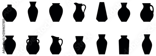 Quadro su tela Collection of black silhouette of various vases, pitchers, and ceramic jars
